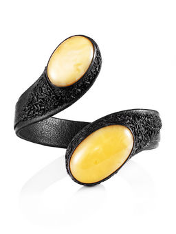 Браслет Змейка из кожи с медовым янтарём