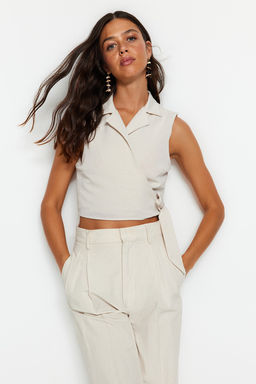 Bej Baglamal? Crop Dokuma Keten Gorunumlu Bluz TWOSS23BZ00550