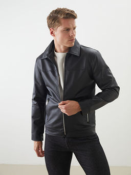Slim Fit G?mlek Yaka Erkek Deri G?r?n?ml? Mont