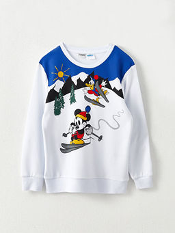 Bisiklet Yaka Mickey Mouse ve Donald Duck Bask?l? Uzun Kollu Erkek ?ocuk Ti??rt