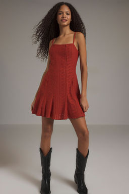 TRENDYOLMILLA Kiremit Jakarl? Etegi F?rf?rl? Mini Ask?l? Esnek Orme Elbise TWOSS25EL00674