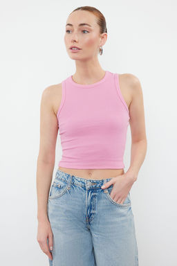 Pembe-Beyaz 2li Paket Vucuda Oturan Crop Halter Yaka Fitilli Esnek Orme Atlet TWOSS21AL0058