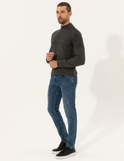 Gri Melanj Slim Fit Yar_m Bal_k__ Yaka Triko Kazak