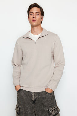 Gri Regular/Normal Kesim Dik Yaka Fermuarl? Pamuklu Basic Ici Polar Sweatshirt TMNAW24SW00041