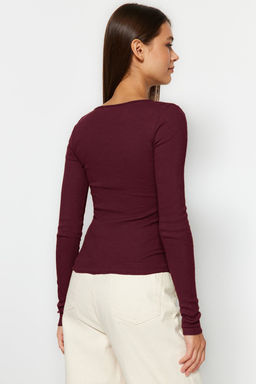 Bordo-Tas 2li Paket V Yaka Fitted/Vucuda Oturan Pamuklu Esnek Orme Bluz TWOAW24BZ00068