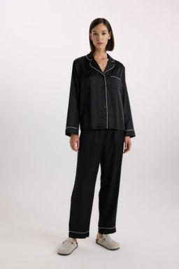 Fall in Love Sevgililer Gunu Pijama Tak?m? Saten Uzun Kollu Pijama Ustu Uzun Esnek Belil Pijama Alt?
