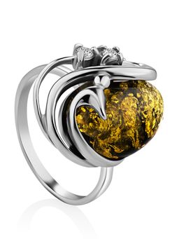 Серебряное кольцо со вставкой из натурального зелёного янтаря Мелисса