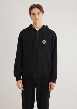 MVJNS Logo Bask?l? Fermuarl? Kapusonlu Siyah Sweatshirt - Mavi фото 4