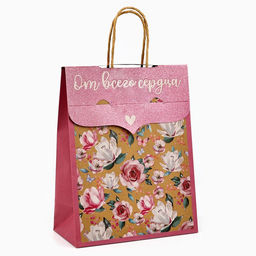 Пакет с клапаном Цветы, крафт, глиттер, 19.5?10?25 см