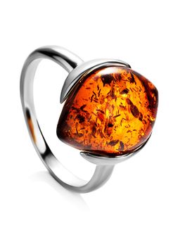 Серебряное кольцо с прозрачным янтарем чайного цвета Кошачий глаз