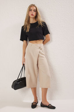 Trendyolmilla Bej Keten Gorunumlu Culotte Pantolon TWOSS25PL00079