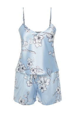 Trendyolmilla Mavi-Cok Renkli Cicekli Ip Ask?l? Saten Sortlu Dokuma Pijama Tak?m? THMSS24PT00159 фото 7