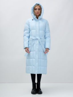 Пальто утепленное стеганное зимнее с капюшоном женское голубого цвета 9609Gl - Mtforce фото 5