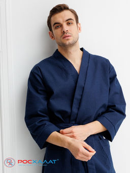 Мужской укороченный вафельный халат с планкой темно-синий В-05 (28) - Росхалат фото 10