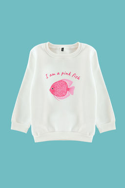 Ekru*001 K?z Cocuk Slogan Pamuklu Orme Sweatshirt TKDAW25SW00013