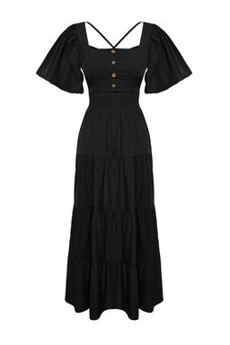 Siyah Belden Ac?lan Gipe ve S?rt Detayl? Kare Yaka Maxi Dokuma Elbise TWOSS24EL00431 - Trendyolmilla фото 7