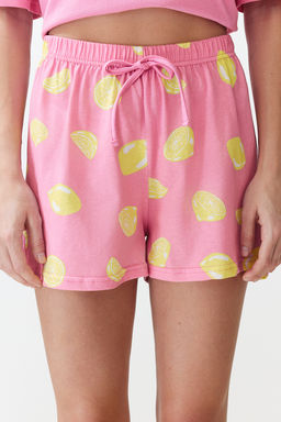 Trendyolmilla Pembe %100 Pamuklu Slogan Meyve Bask?l? Sortlu Orme Pijama Tak?m? THMSS24PT00226  фото 4