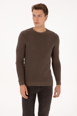 Erkek Slim Fit Bisiklet Yaka Vizon Basic Kazak