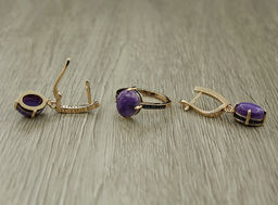 Комплект "Чара-16", чароит, покрытие под золото, размеры кольца: 17, 18, 19, 20