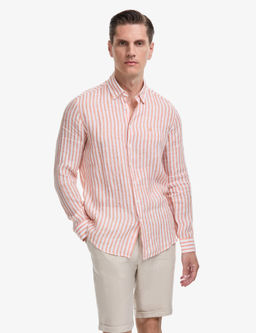 Turuncu Slim Fit %100 Keten Yakas_ D__meli _izgili G_mlek