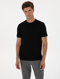 Siyah Regular Fit Kal_n Dokulu Bisiklet Yaka Basic Ti__rt