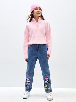 Mom Fit Minnie ve Mickey Mouse Bask?l? K?z ?ocuk Jean Pantolon