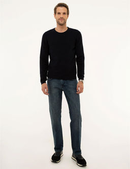 Koyu Lacivert Slim Fit Bisiklet Yaka Triko Kazak