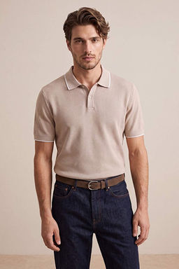 Bej Regular Jakarl_ Kuma_ Triko Bant Polo Yaka T-shirt TMNSS26PO00020