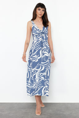 Indigo Fitted/Vucuda Oturan Buzgu Detayl? Kolsuz Esnek Orme Maxi Elbise TWOSS24EL00788 - Trendyolmilla фото 3