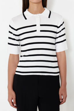 Ekru Premium Kalite Polo Yaka Cizgili Triko Kazak TWOSS24KZ00048