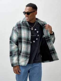 Куртка рубашка шерстяная в клетку мужская демисезонная зеленого цвета 58592Z