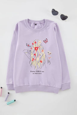 Lila K?z Cocuk Bask?l? Bisiklet Yaka Orme Sweatshirt TKDAW25SW00043