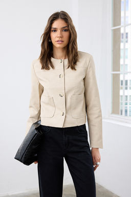 Tas Dugmeli Cep Detayl? Eskitme Gorunumlu Dokuma Suni Deri Ceket TWOAW26CE00018