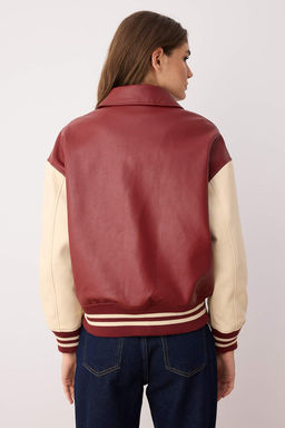 Bordo-Krem Oversize Kal?p Suni Deri Kolej Bomber Ceket Mont TWOAW26MO00006 - Trendyolmilla фото 5