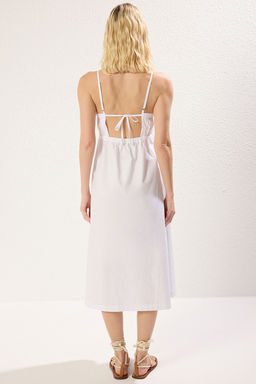 Beyaz Etegi Belden Ac?lan Bel Dekolteli Poplin Midi Dokuma Elbise TWOSS25EL00037 - Trendyolmilla фото 5