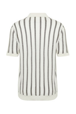 Ekru Regular Fit Cizgi Ajurlu Kac?k Pat Triko Polo Yaka T-Shirt TMNSS24PO00006