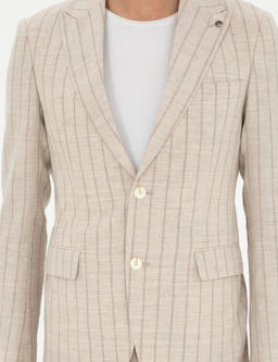 Bej Slim Fit _izgili Y_n Kar___ml_ Keten Tak_m Elbise
