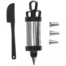 Кондитерский шприц Крем-чиз 18х6,3х6,3см, нержавеющая сталь; насадка для крема - 4 штуки, нержавеющая сталь; шпатель 18,7см пластик; цвет - черный, в блистере (Китай)