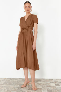 Kahverengi Belden Ac?lan V Yaka Midi Dokuma Elbise TWOSS24EL00501 - Trendyolmilla фото 3