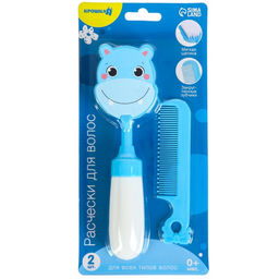 Расчёска детская, щётка для волос в наборе с погремушкой «Бегемотик»