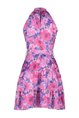 Fusya Cicek Desenli Halter Yaka A Kesim Saten Mini Dokuma Elbise TWOSS20EL2490