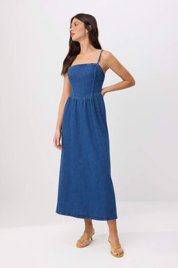 Mavi Straplez Orta Esnek Maxi Denim Elbise TWOSS26EL00276