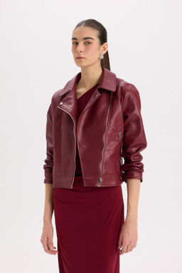 Su Itici Suni Deri Ceket Mont Kruvaze Yaka Fermuarl? Cepli Mevsimlik - Defacto фото 4