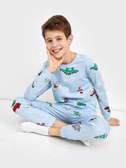 Хлопковый комплект (лонгслив и брюки) бледно-голубого цвета с новогодними рисунками - Mark formelle фото 2