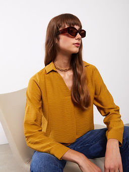 G?mlek Yaka D?z Uzun Kollu Kad?n Bluz