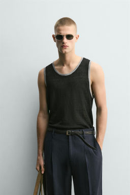 CAMISETA TANK PUNTO MEZCLA LINO CONTRASTE / Negro