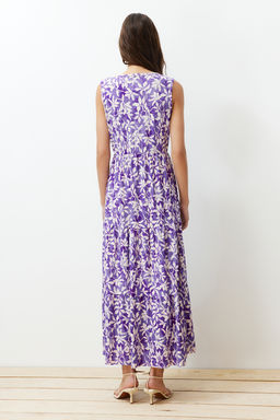 Koyu Mor Cicekli A-line V Yaka Kolsuz A-Line Polyester Kaskorse Maxi Elbise TWOSS22EL1588