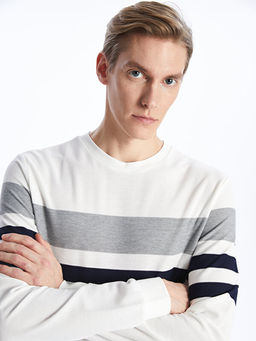 Bisiklet Yaka Uzun Kollu ?izgili Erkek Sweatshirt