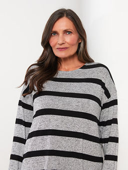 Bisiklet Yaka ?izgili Uzun Kollu Kad?n Ti??rt