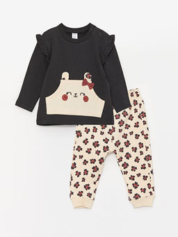 Bisiklet Yaka Uzun Kollu Bask?l? K?z Bebek Sweatshirt ve Pantolon 2li Tak?m